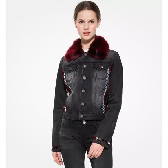 Desigual Denim Black Gray Jacket W/ Red Faux Fur Collar Velvet Flowers Size 42 - Picture 7 of 7